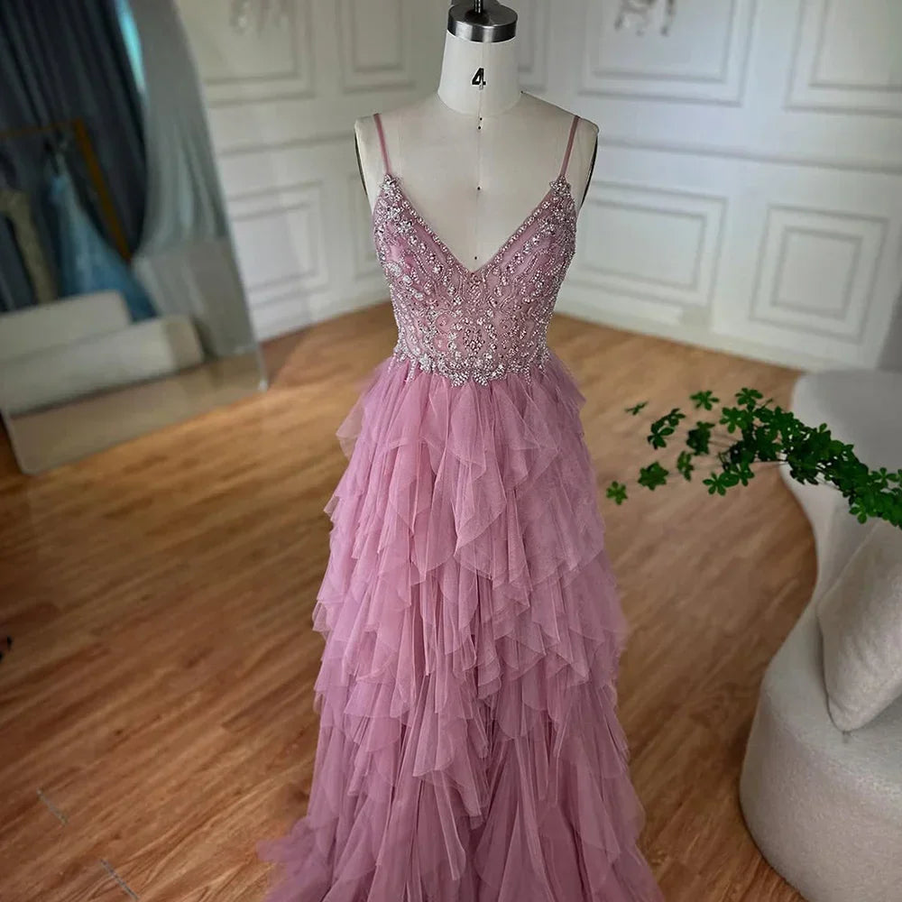 Vestido de noche rosa con tirantes finos, corpiño con cuentas y falda de tul en capas para ocasiones formales LA72893 