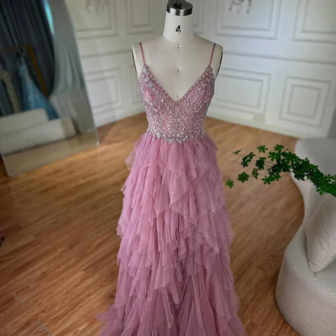 Robe de soirée rose à bretelles spaghetti, corsage perlé et jupe en tulle superposée, pour une occasion formelle, LA72893, 2025 