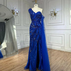 Vestido de noche sirena azul real con un solo hombro, cuentas y abertura para ocasiones formales LA72869 