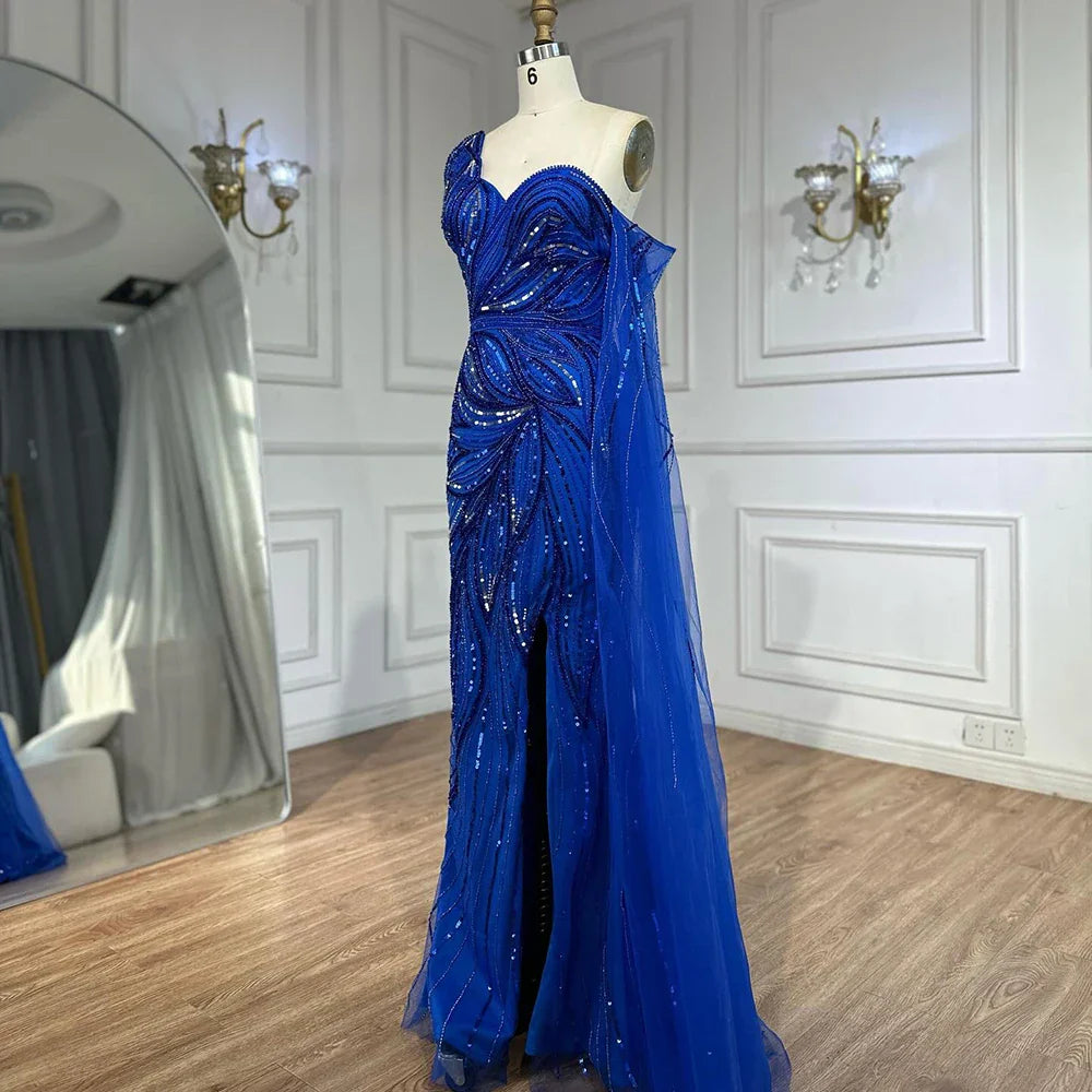 Vestido de noche sirena azul real con un solo hombro, cuentas y abertura para ocasiones formales LA72869 
