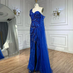 Vestido de noche sirena azul real con un solo hombro, cuentas y abertura para ocasiones formales LA72869 