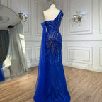 Vestido de noche sirena azul real con un solo hombro, cuentas y abertura para ocasiones formales LA72869 