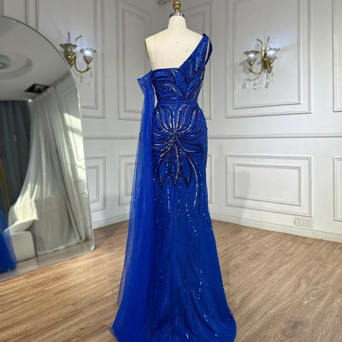 Robe de soirée sirène bleu roi asymétrique à perles et fente pour une occasion formelle, LA72869, 2025 