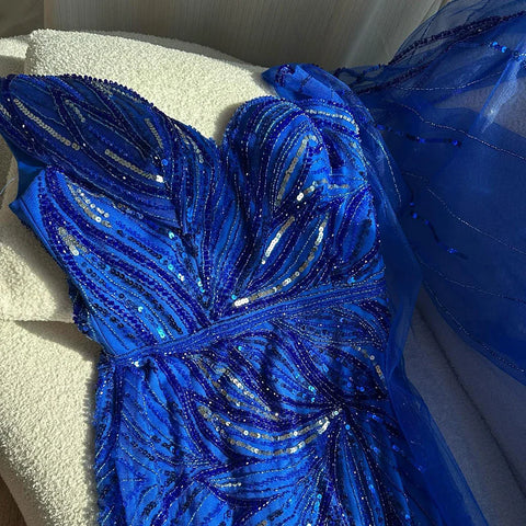 Robe de soirée sirène bleu roi asymétrique à perles et fente pour une occasion formelle, LA72869, 2025 