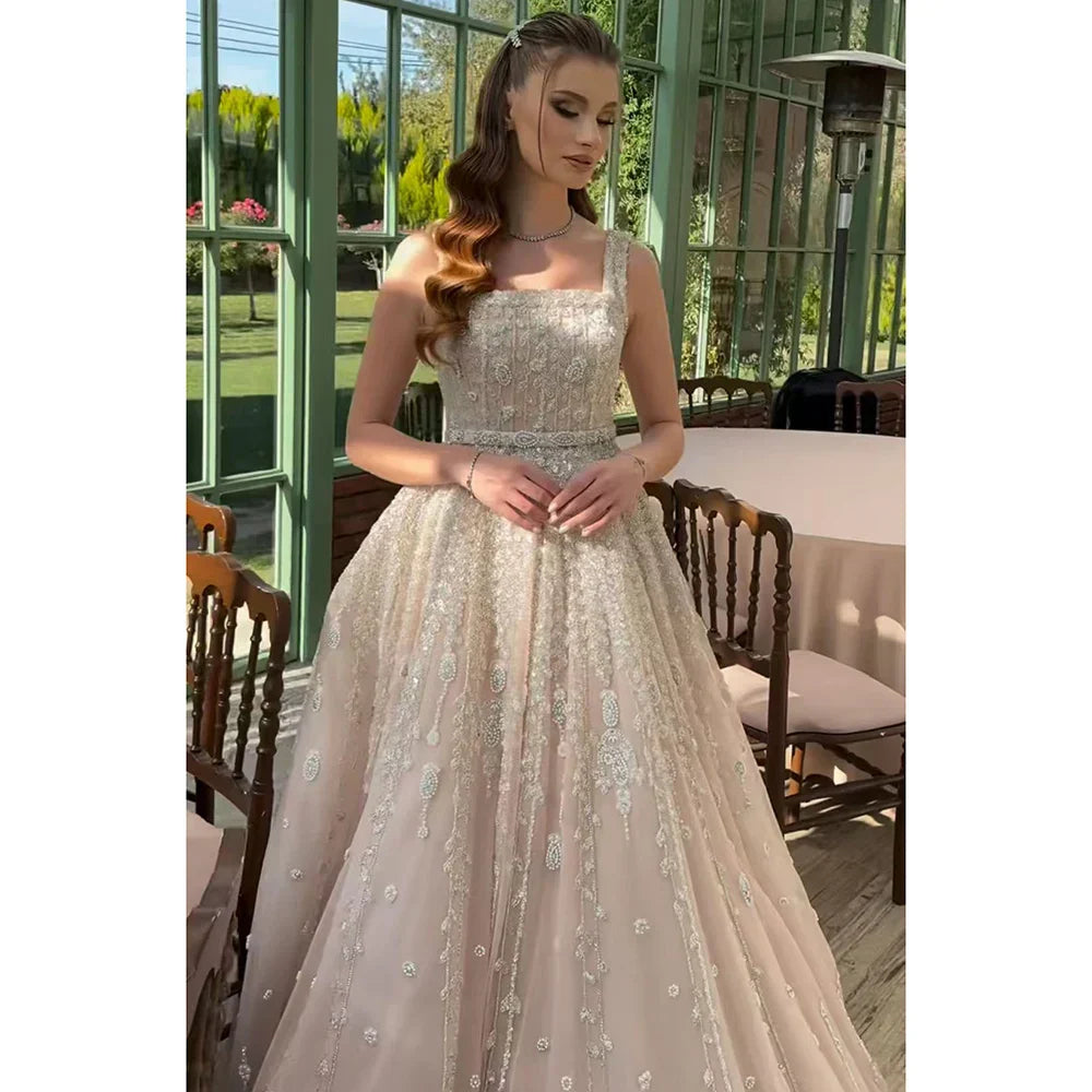 Saudi Arabia Nude Square Neck Elegant A-Line Evening Dress Beaded for Formal Occasion LA72835