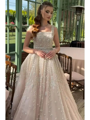 Saudi Arabia Nude Square Neck Elegant A-Line Evening Dress Beaded for Formal Occasion LA72835
