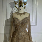 Vestido de noche corte A con cuentas color caramelo, estilo saudí, con corpiño transparente, ideal para ocasiones formales (LA72563A) 