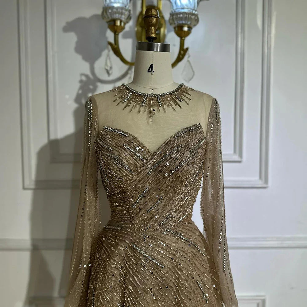 Vestido de noche corte A con cuentas color caramelo, estilo saudí, con corpiño transparente, ideal para ocasiones formales (LA72563A) 