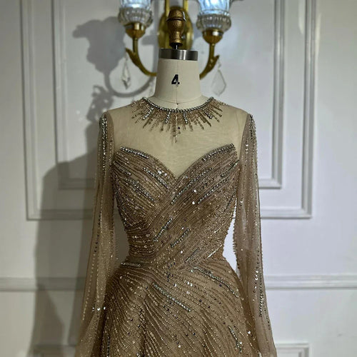 2025 Saudi Arabic Caramel Beaded A Line Evening Gown with Sheer Top for Formal Occasion LA72563A