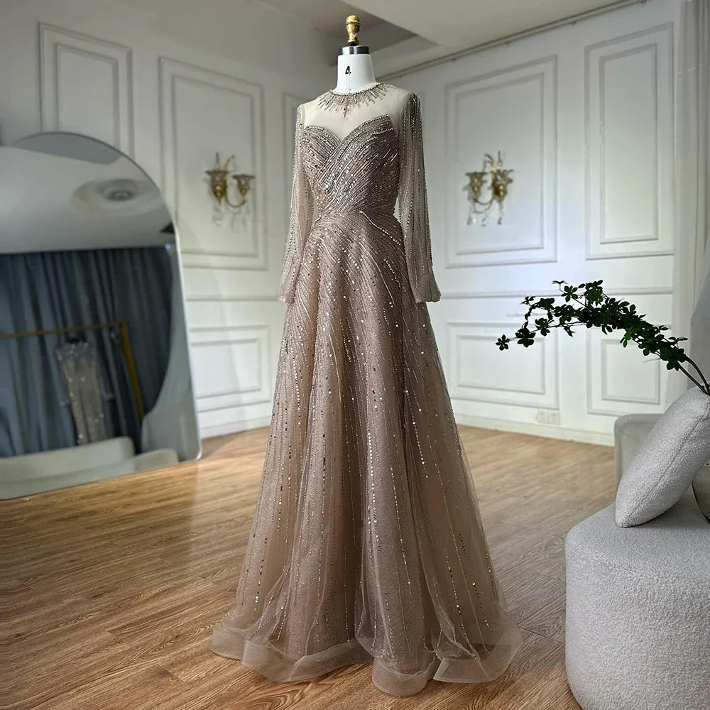 Vestido de noche corte A con cuentas color caramelo, estilo saudí, con corpiño transparente, ideal para ocasiones formales (LA72563A) 