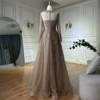 Vestido de noche corte A con cuentas color caramelo, estilo saudí, con corpiño transparente, ideal para ocasiones formales (LA72563A) 