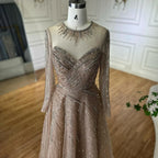 Vestido de noche corte A con cuentas color caramelo, estilo saudí, con corpiño transparente, ideal para ocasiones formales (LA72563A) 