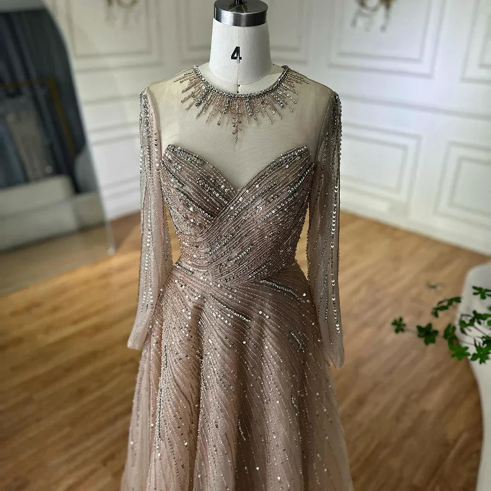 Vestido de noche corte A con cuentas color caramelo, estilo saudí, con corpiño transparente, ideal para ocasiones formales (LA72563A) 