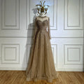 Vestido de noche corte A con cuentas color caramelo, estilo saudí, con corpiño transparente, ideal para ocasiones formales (LA72563A) 