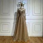 Vestido de noche corte A con cuentas color caramelo, estilo saudí, con corpiño transparente, ideal para ocasiones formales (LA72563A) 
