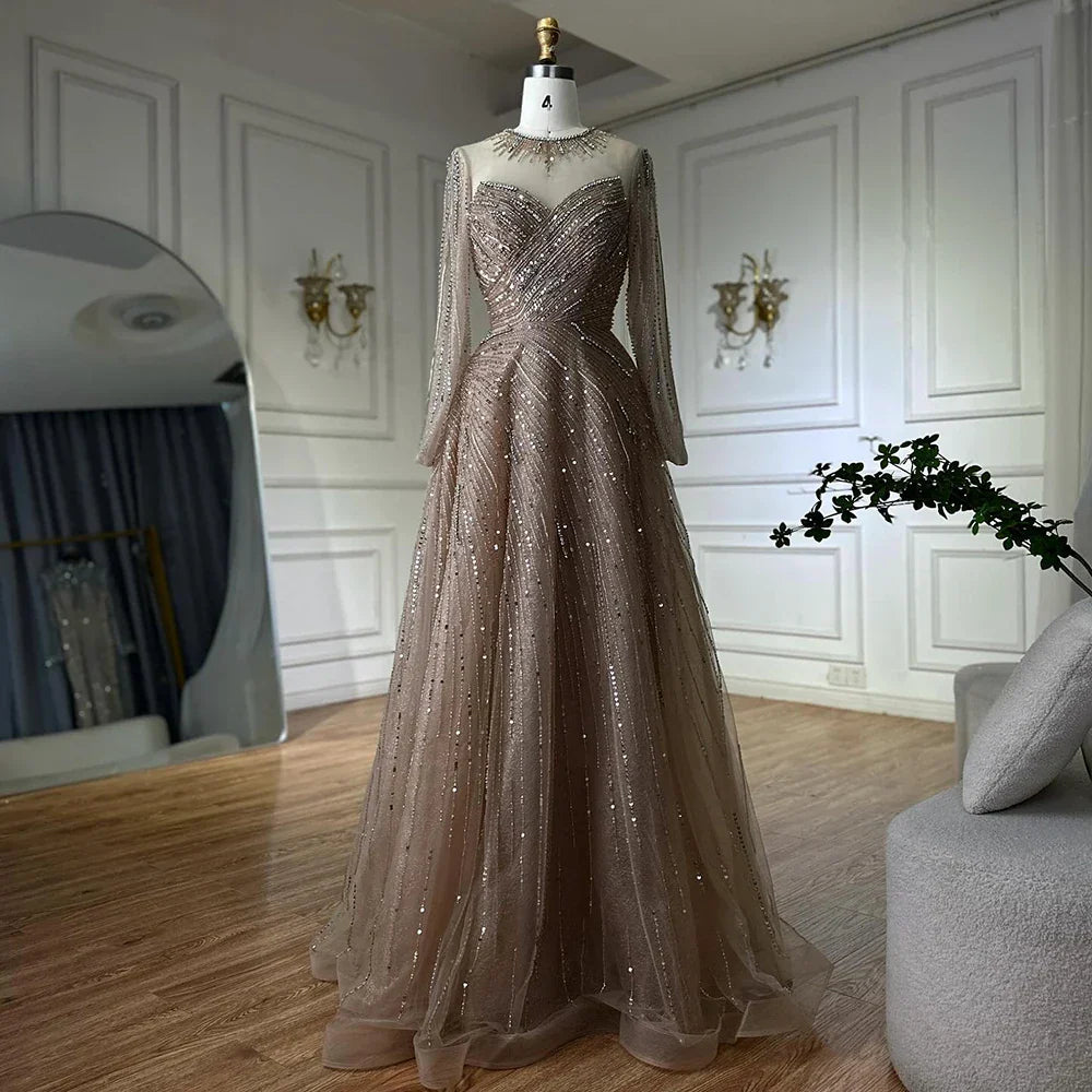 Vestido de noche corte A con cuentas color caramelo, estilo saudí, con corpiño transparente, ideal para ocasiones formales (LA72563A) 