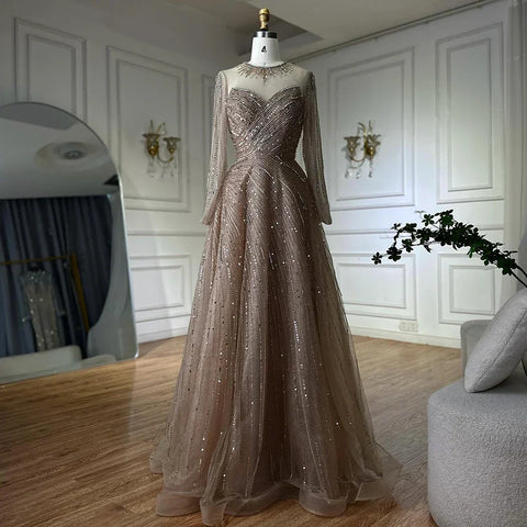 Robe de soirée trapèze en perles caramel, style arabo-saoudien, haut transparent, pour une occasion spéciale, LA72563A, 2025 