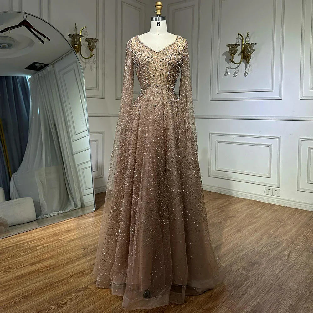 Vestido de noche corte A, manga capa, con cuentas color caramelo, estilo árabe saudí, para ocasiones formales (LA72147A) 