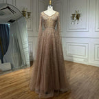 Vestido de noche corte A, manga capa, con cuentas color caramelo, estilo árabe saudí, para ocasiones formales (LA72147A) 