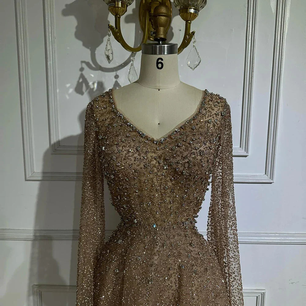 Vestido de noche corte A, manga capa, con cuentas color caramelo, estilo árabe saudí, para ocasiones formales (LA72147A) 