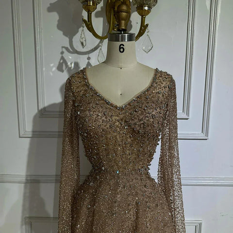 Robe de soirée trapèze à manches cape et perles couleur caramel, style arabie saoudite, pour une occasion spéciale, LA72147A, 2025 