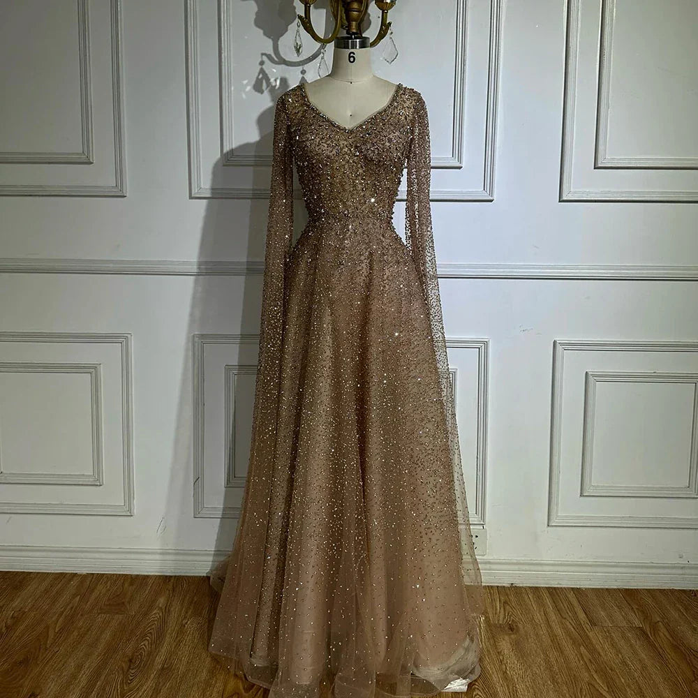 Vestido de noche corte A, manga capa, con cuentas color caramelo, estilo árabe saudí, para ocasiones formales (LA72147A) 