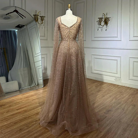 Robe de soirée trapèze à manches cape et perles couleur caramel, style arabie saoudite, pour une occasion spéciale, LA72147A, 2025 