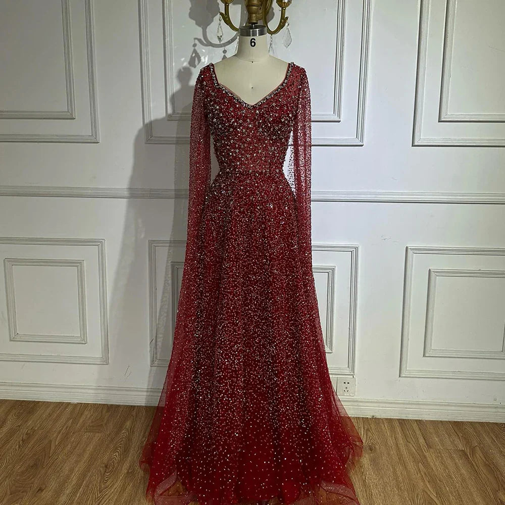 Vestido de noche corte A, manga capa, con cuentas color caramelo, estilo árabe saudí, para ocasiones formales (LA72147A) 