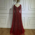 Vestido de noche corte A, manga capa, con cuentas color caramelo, estilo árabe saudí, para ocasiones formales (LA72147A) 