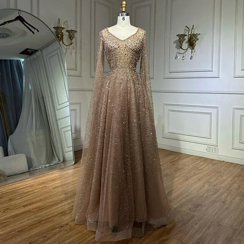Robe de soirée trapèze à manches cape et perles couleur caramel, style arabie saoudite, pour une occasion spéciale, LA72147A, 2025 