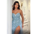 Vestido de noche saudí para ocasiones formales, elegante vestido azul con cuentas y abertura, modelo LA72877 (2025) 