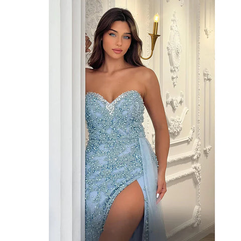 Robe de soirée élégante de style arabe saoudien 2025, robe bleue perlée avec fente, pour une occasion formelle, LA72877 