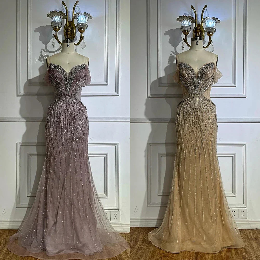 Vestido de noche de sirena de tul color nude con hombros descubiertos y cuentas, estilo árabe saudí, para ocasiones formales LA72854 