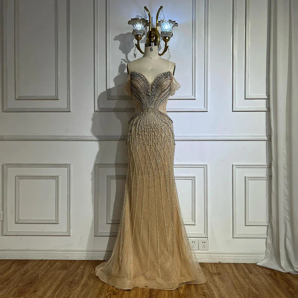 Vestido de noche de sirena de tul color nude con hombros descubiertos y cuentas, estilo árabe saudí, para ocasiones formales LA72854 