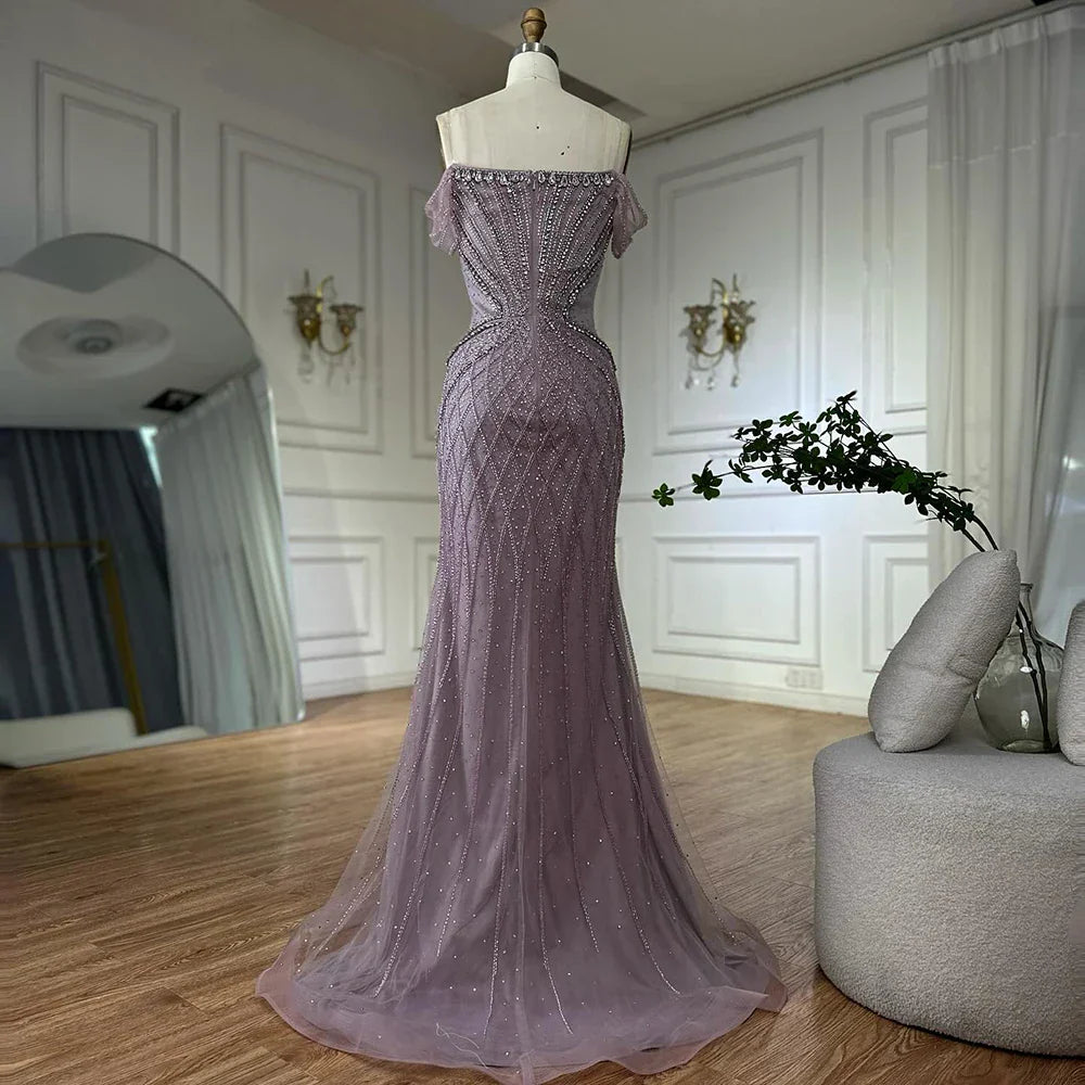 Vestido de noche de sirena de tul color nude con hombros descubiertos y cuentas, estilo árabe saudí, para ocasiones formales LA72854 