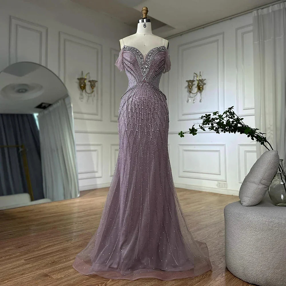 Vestido de noche de sirena de tul color nude con hombros descubiertos y cuentas, estilo árabe saudí, para ocasiones formales LA72854 