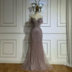 Vestido de noche de sirena de tul color nude con hombros descubiertos y cuentas, estilo árabe saudí, para ocasiones formales LA72854 