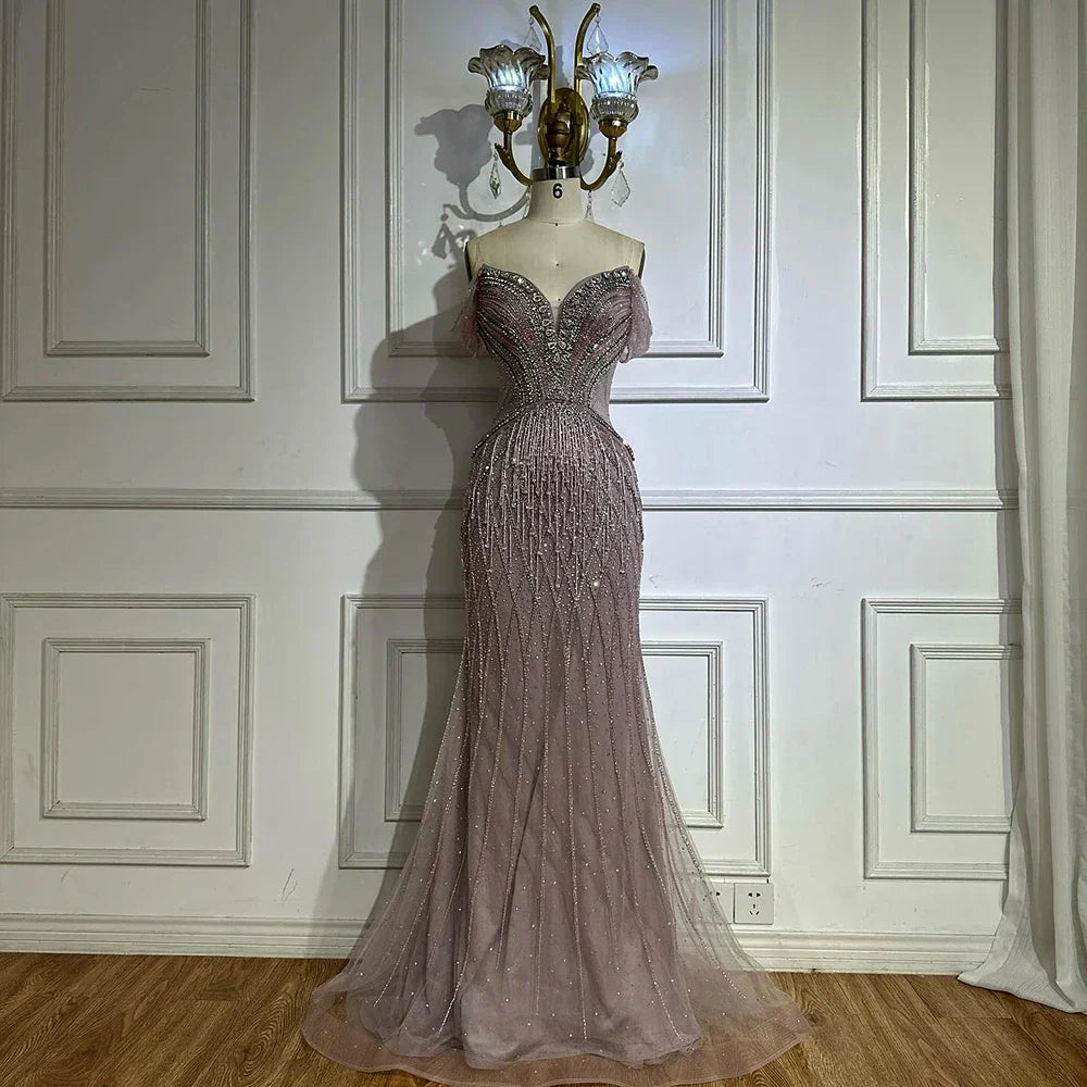 Vestido de noche de sirena de tul color nude con hombros descubiertos y cuentas, estilo árabe saudí, para ocasiones formales LA72854 