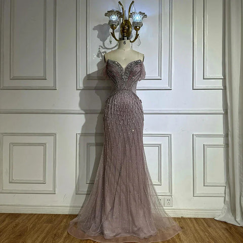 Robe de soirée sirène en tulle perlé couleur chair, épaules dénudées, style arabe saoudien, pour une occasion formelle, LA72854, 2025 