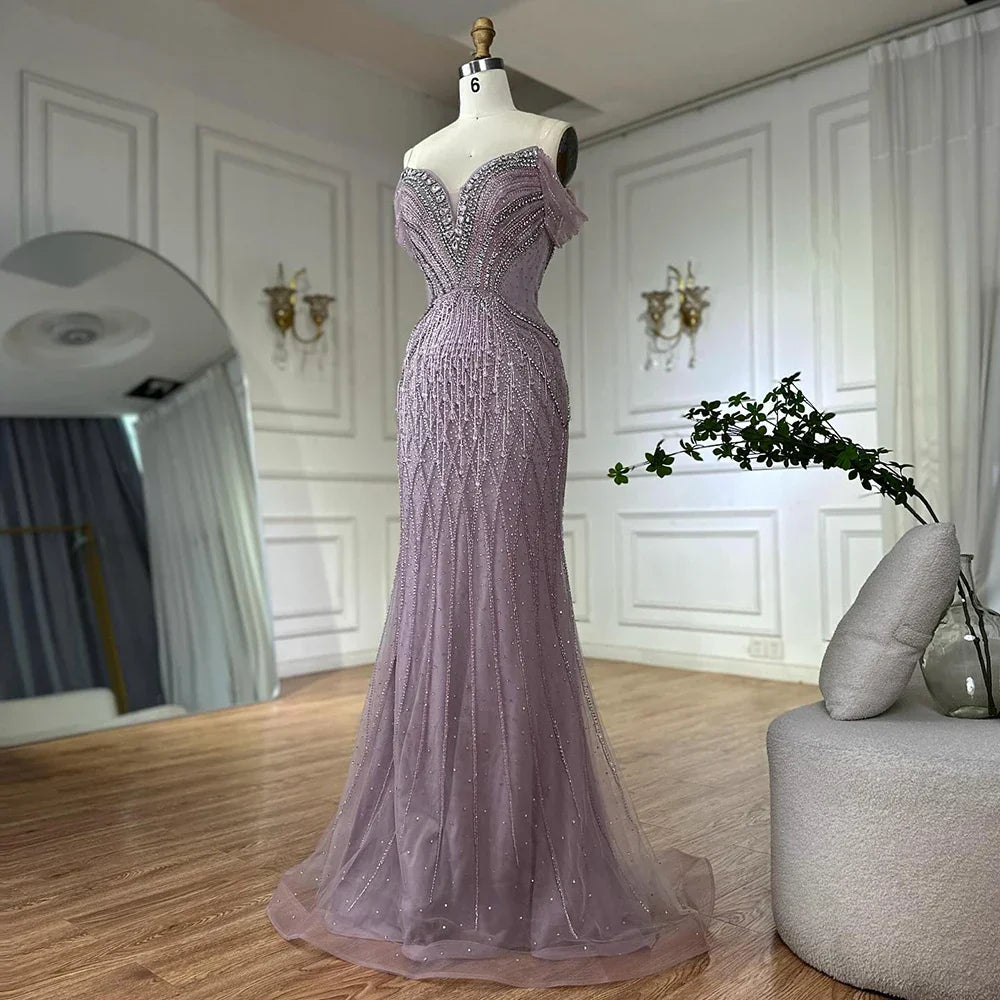 Vestido de noche de sirena de tul color nude con hombros descubiertos y cuentas, estilo árabe saudí, para ocasiones formales LA72854 