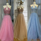 Vestido de noche de corte A, tul con cuentas y escote halter color caramelo, estilo árabe saudí, modelo LA72863 (2025)