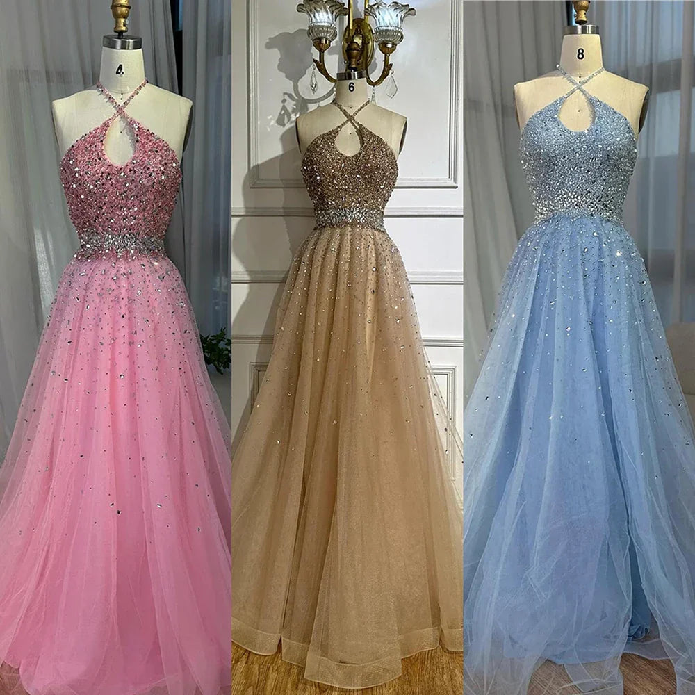 Vestido de noche de corte A, tul con cuentas y escote halter color caramelo, estilo árabe saudí, modelo LA72863 (2025)