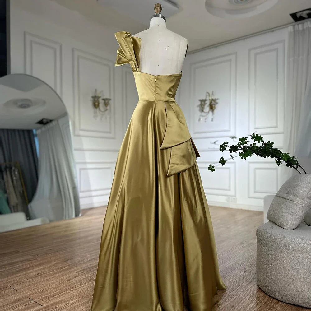 Vestido de noche corte A, corte asimétrico, satén amarillo, estilo saudí, con un solo hombro y cuentas, ideal para ocasiones formales (LA72794) 