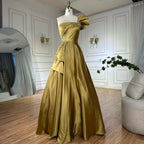 Vestido de noche corte A, corte asimétrico, satén amarillo, estilo saudí, con un solo hombro y cuentas, ideal para ocasiones formales (LA72794) 