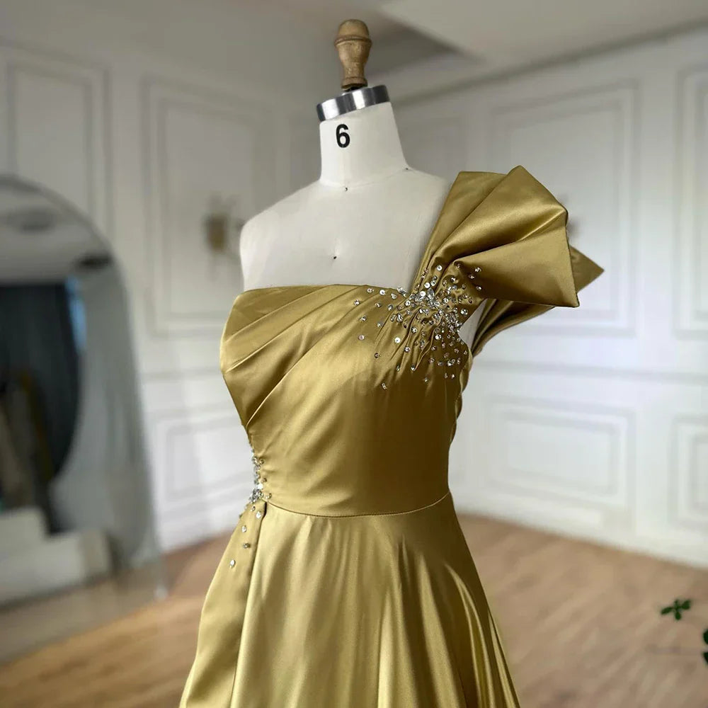 Vestido de noche corte A, corte asimétrico, satén amarillo, estilo saudí, con un solo hombro y cuentas, ideal para ocasiones formales (LA72794) 