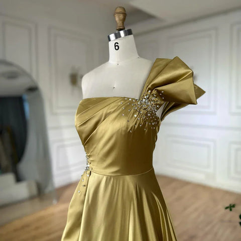 Robe de soirée trapèze asymétrique en satin jaune saoudien, avec perles, pour une occasion formelle, LA72794, 2025 