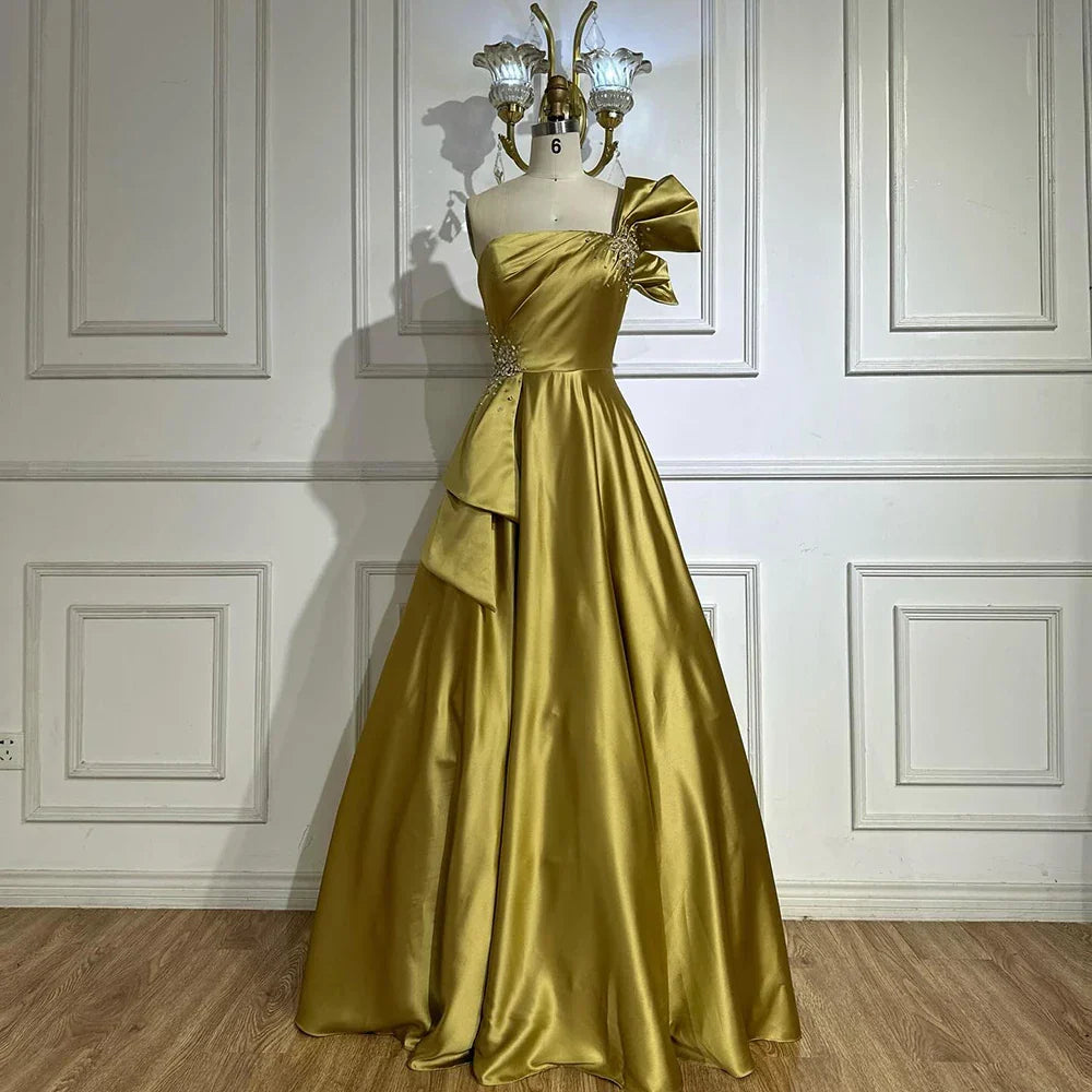 Vestido de noche corte A, corte asimétrico, satén amarillo, estilo saudí, con un solo hombro y cuentas, ideal para ocasiones formales (LA72794) 