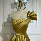 Vestido de noche corte A, corte asimétrico, satén amarillo, estilo saudí, con un solo hombro y cuentas, ideal para ocasiones formales (LA72794) 