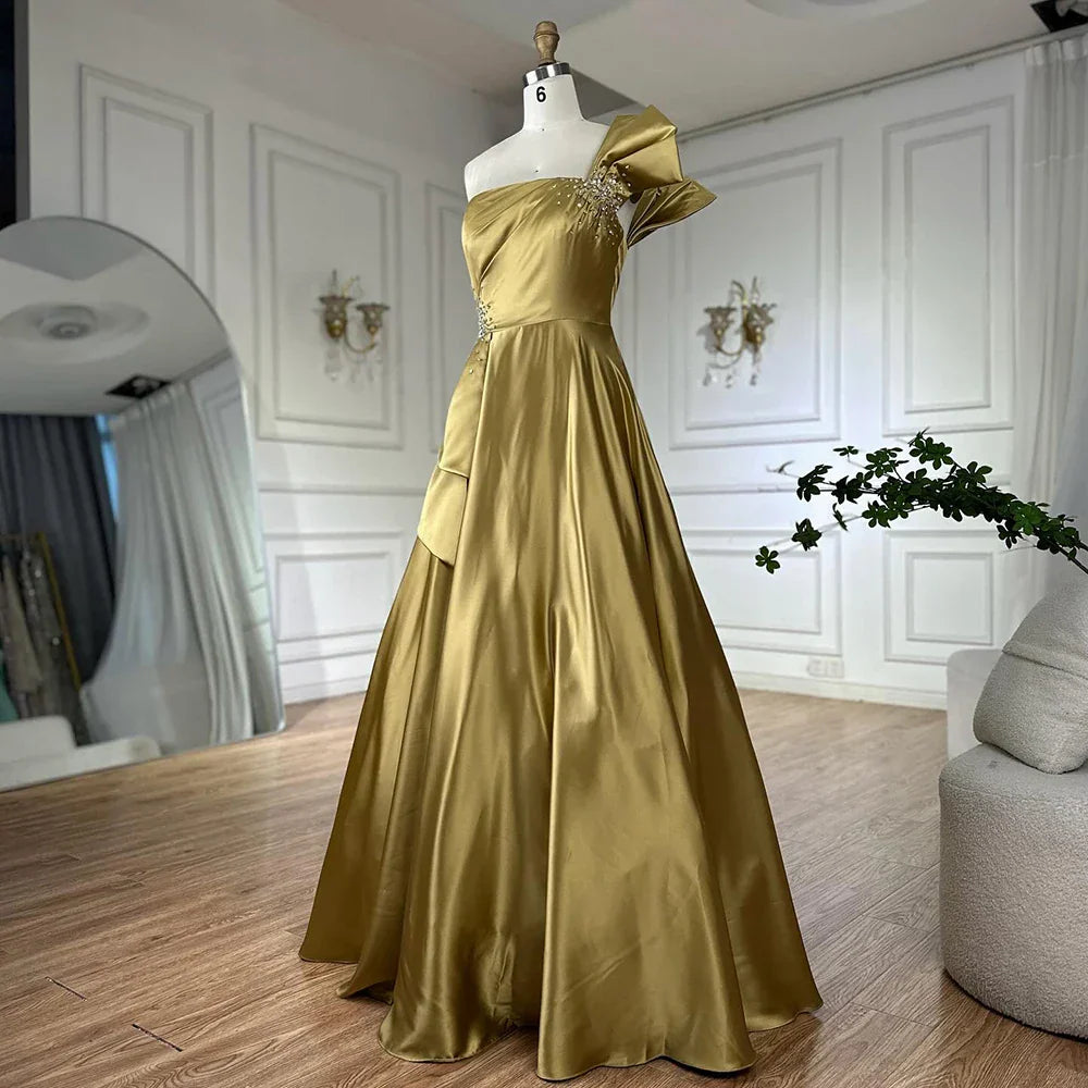 Vestido de noche corte A, corte asimétrico, satén amarillo, estilo saudí, con un solo hombro y cuentas, ideal para ocasiones formales (LA72794) 