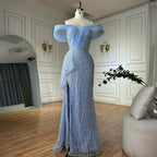 Vestido de noche de sirena con hombros descubiertos, escote barco y abertura lateral, color azul saudí, con cuentas, ideal para ocasiones formales (LA72867) 